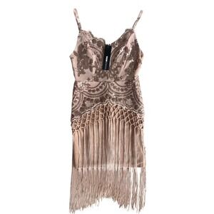 Fashion Nova Women's S Nude Deep In My Soul Sequin Mini Dress Fringed Party Club